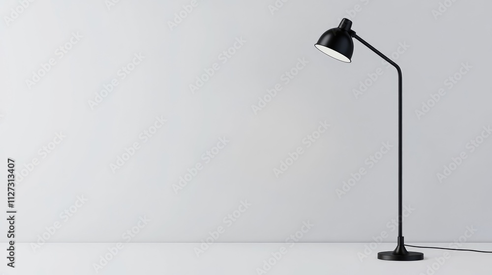 Poster Modern black desk lamp illuminating a minimalist workspace with clean white background and soft shadows
