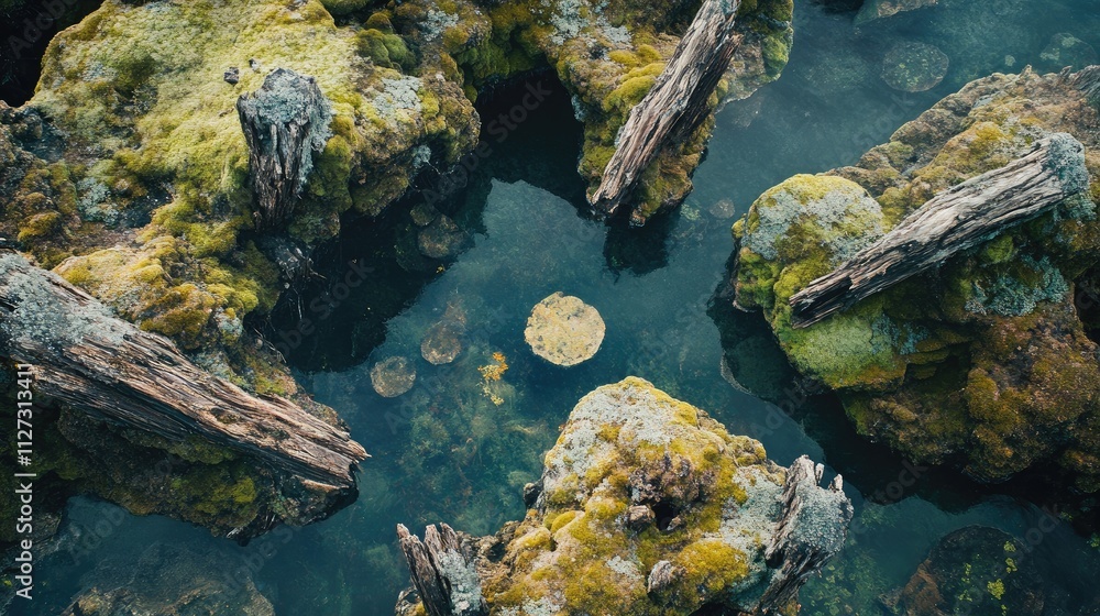 Poster abstract nature composition featuring lichen moss and weathered wood in tranquil pond setting with a