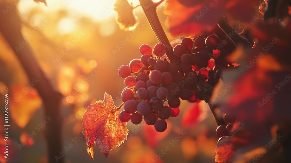 Poster Grapevines with vibrant red leaves at sunset creating a warm autumn atmosphere with ripe grapes illuminated by soft golden light