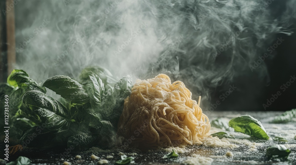 Aufkleber basil pasta noodles with fresh basil leaves and steam in a dark studio setting showcasing culinary t