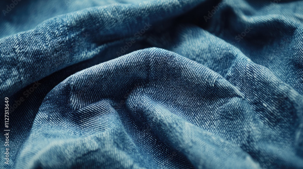 Poster textured blue denim fabric background with soft folds and wrinkles showcasing the richness of the ma