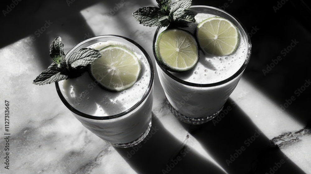 Poster refreshing brazilian lemonade with lemon lime slices and mint served in two glasses against a dramat