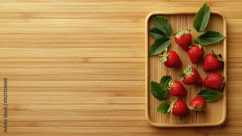 Aufkleber aerial view of ripe strawberries with leaves on a bamboo plate showcasing natural freshness and ampl