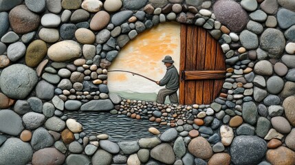 Obraz premium Stone mosaic artwork depicting a fisherman by a wooden door.