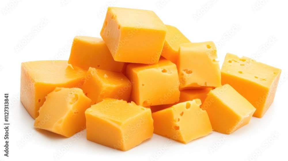 Poster cheddar cheese cubes arranged on a white background showcasing texture and color ideal for culinary 