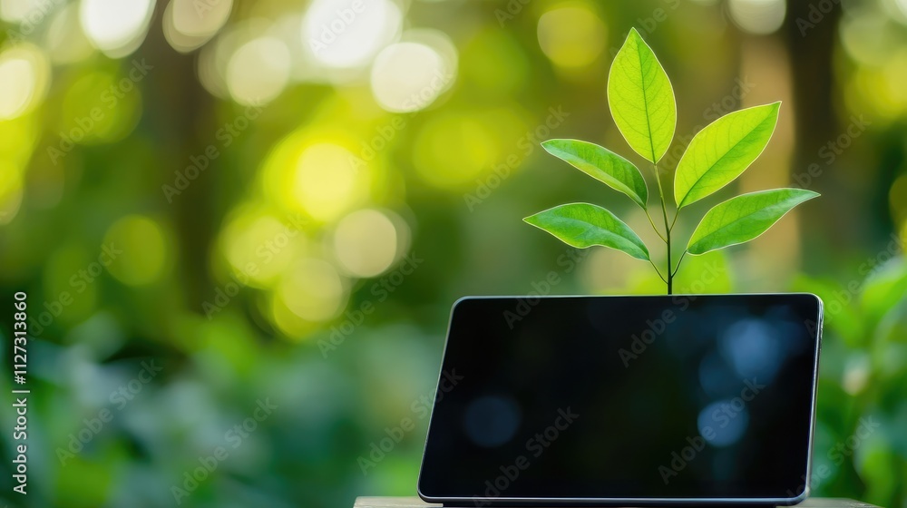 Poster tablet with greenery and growth graph on blurred background symbolizing sustainable business and eco