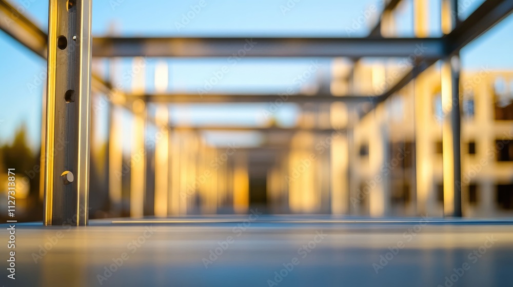 Poster steel frame construction perspective with blurred background showcasing industrial architecture and 
