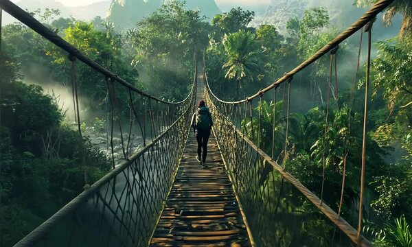 Solo hiker traversing a rickety rope bridge across a lush, tropical jungle ravine.