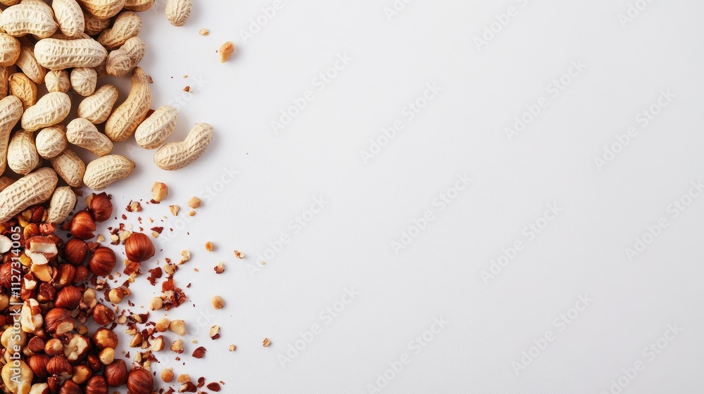 Aufkleber peanuts and hazelnuts scattered on a white background with space for text showcasing healthy snackin