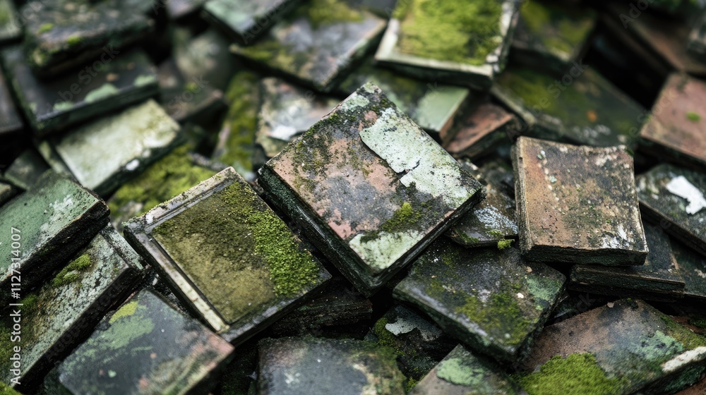 Poster close up view of a weathered pile of abandoned tiles showcasing moss growth and surface damage highl