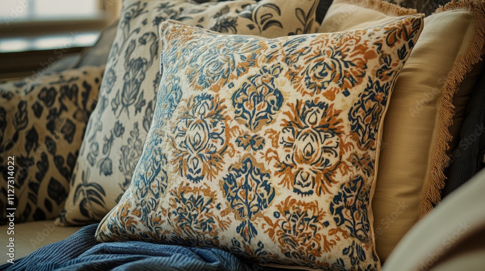 Aufkleber Elegant decorative pillows with intricate textile patterns arranged on a cozy sofa in a warm and inviting living space.