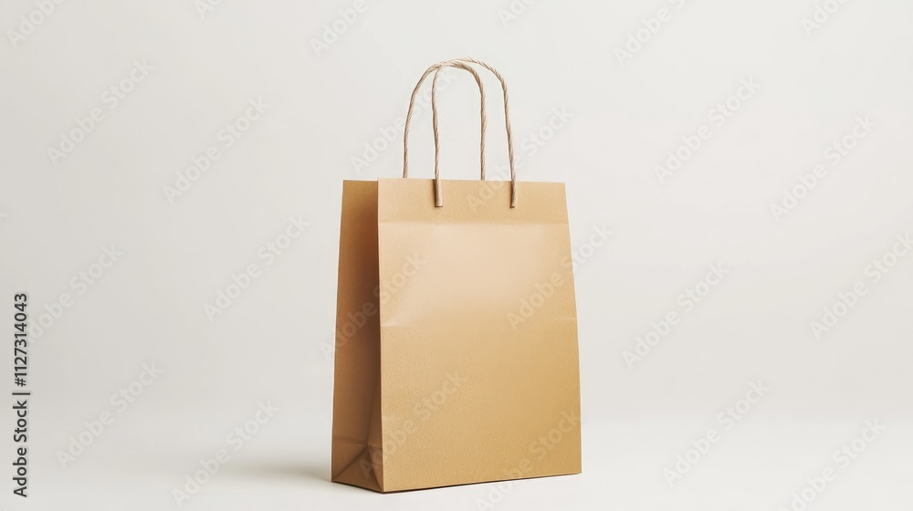 Poster Empty kraft paper shopping bag with twisted handles on a neutral background for branding and packaging concepts