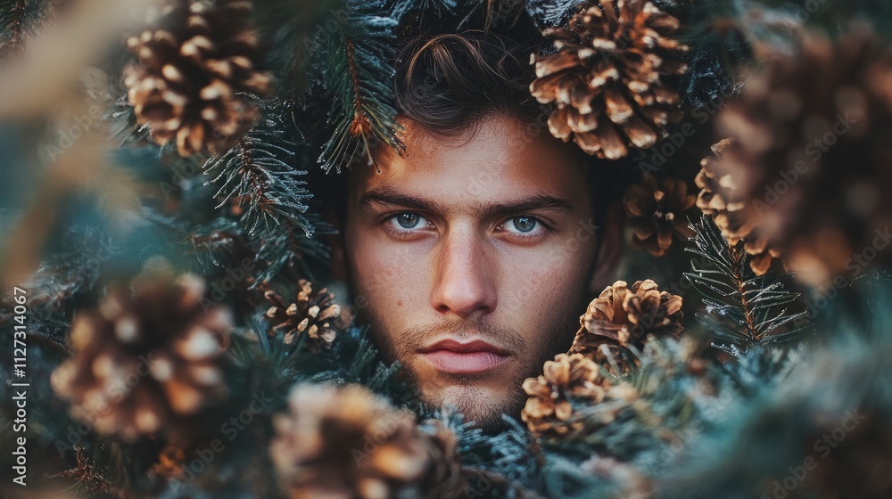 Poster portrait of a young man surrounded by pinecones and evergreen branches creating a serene and nature-