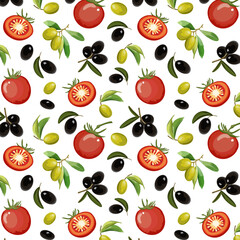 Olives and tomatoes in a pattern.Pattern with tomatoes and leaves on a white background.