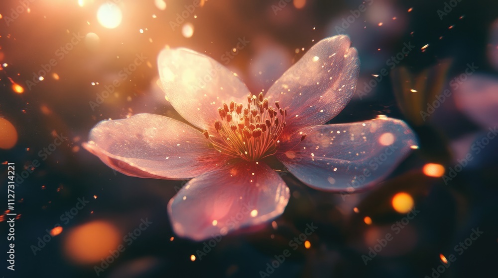 Aufkleber Macro view of a delicate blossom illuminated by warm summer light with floating particles creating a dreamy atmosphere in nature