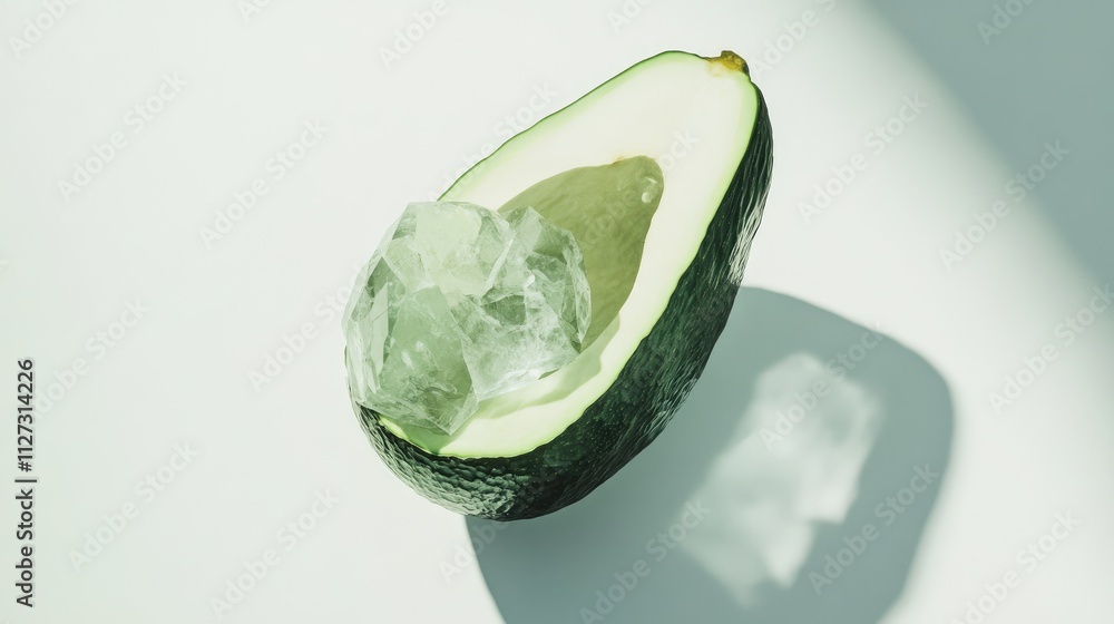 Poster avocado half with ice cubes on a light background highlighting freshness and healthy food concept