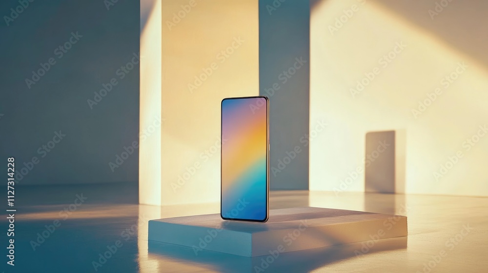 Aufkleber Modern smartphone display in a minimalist setting showcasing sleek design and vibrant colors, ideal for technology and marketing visuals.