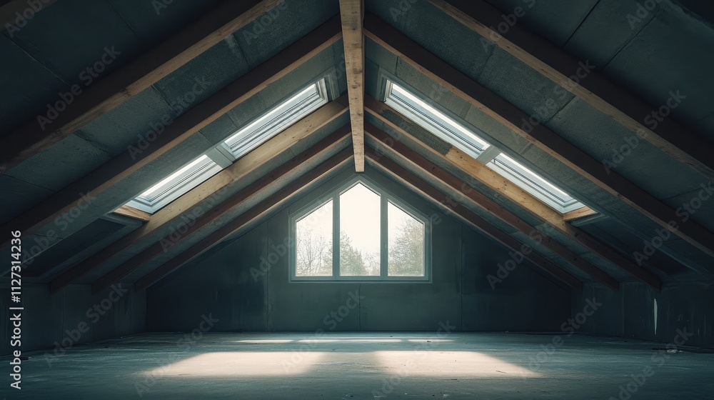 Poster Renovated attic space featuring ceiling windows showcasing natural light during construction phase