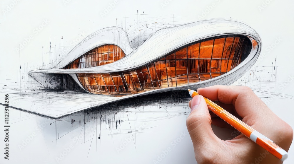 Poster modern architecture design being drawn by an architect on white background
