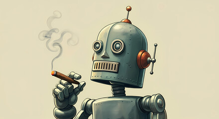Retro Vintage Metal Robot Toy Smoking a Cigar, Automation Mechanical Bionic Robot, Antique Style
