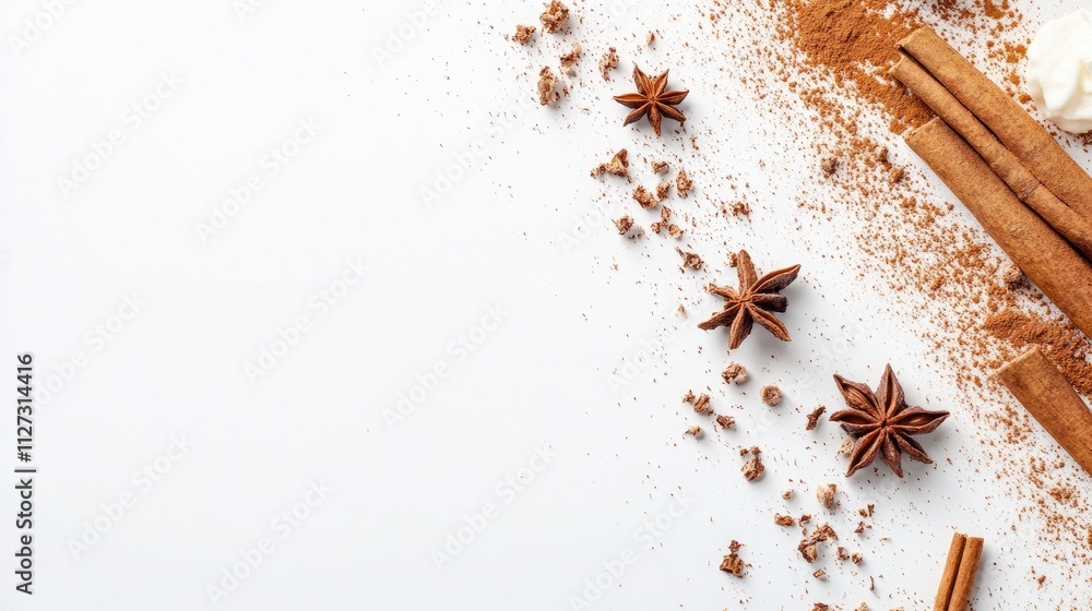 Aufkleber cinnamon and spices arranged in a flatlay on a white background highlighting texture and natural col