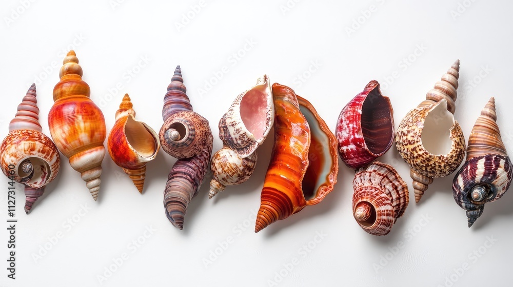 Aufkleber exquisite collection of colorful exotic seashells arranged artistically on a white background showca