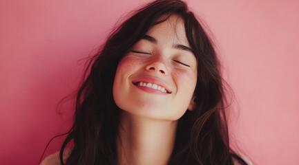 Smiling woman with long dark hair poses against a vibrant pink background in a joyful moment of happiness