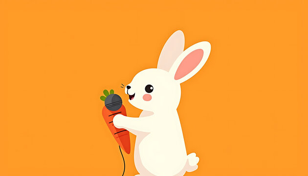 White rabbit holding a carrot microphone on a vibrant orange background