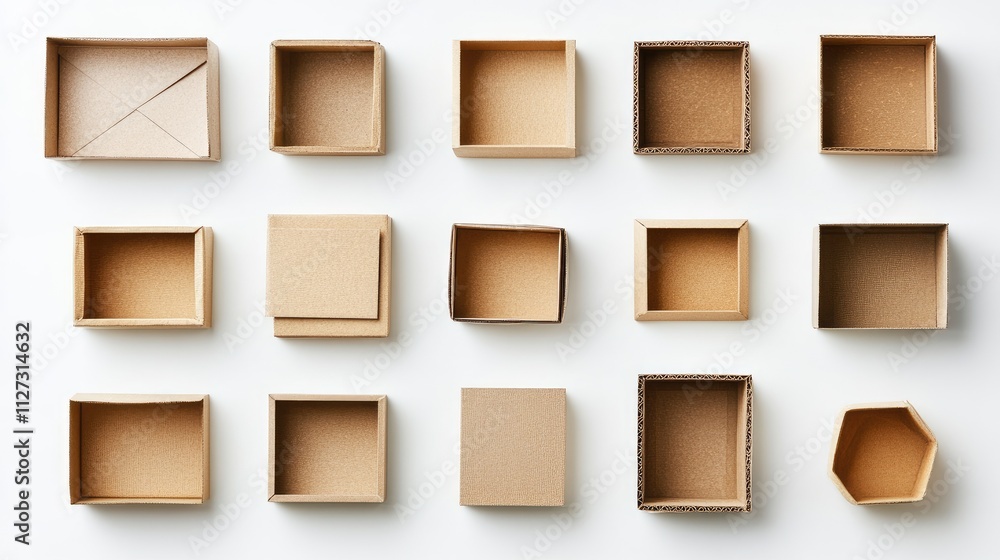 Poster collection of assorted empty cardboard boxes arranged on a white background showcasing various shape