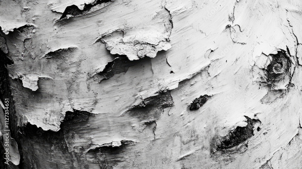 Poster Textured close-up of tree bark in black and white highlighting natural patterns and imperfections in the surface.
