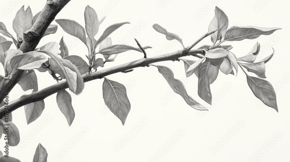 Poster elegant black and white close up of delicate tree branch with soft leaves against a neutral backgrou
