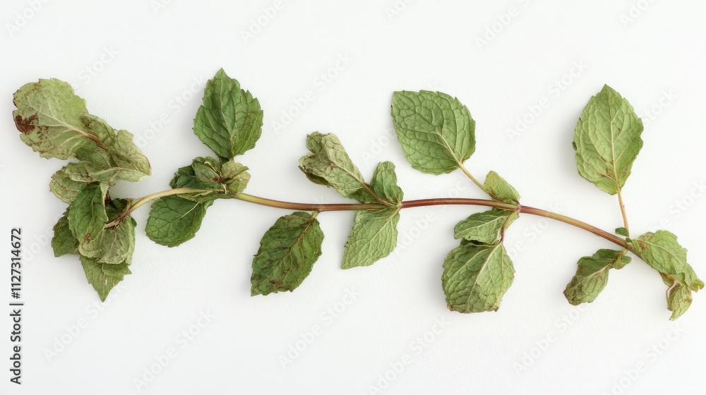 Poster dried mint leaves arranged on a white background showcasing their texture and color variations in a 
