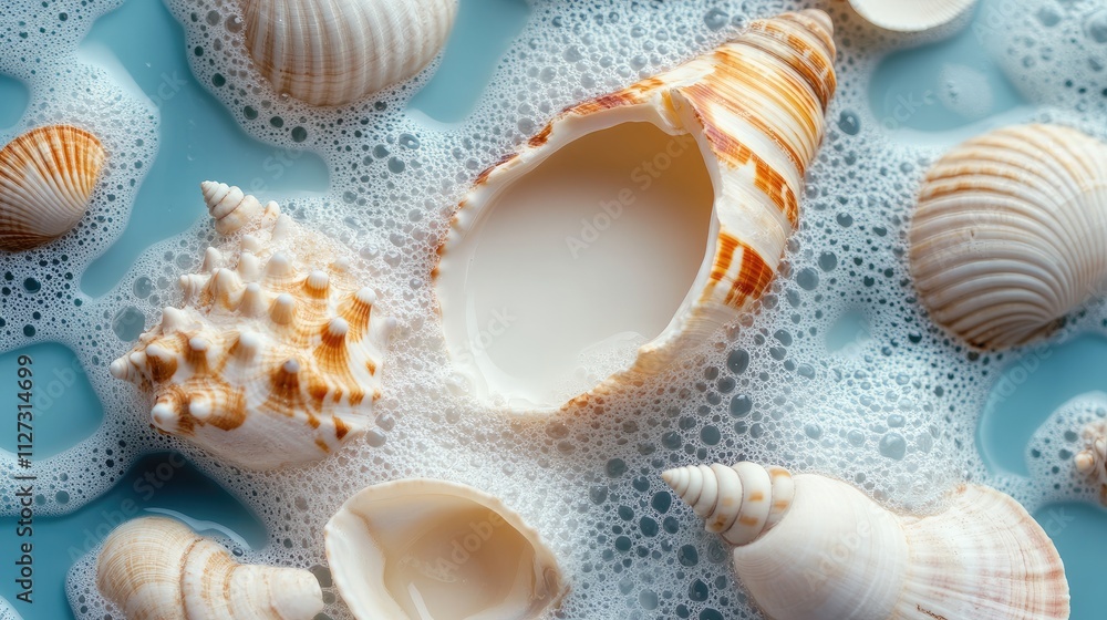 Poster seashells in milk setting with bubbles showcasing natural textures and colors in a creative arrangem