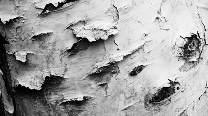 Textured close-up of tree bark in black and white highlighting natural patterns and imperfections in the surface.