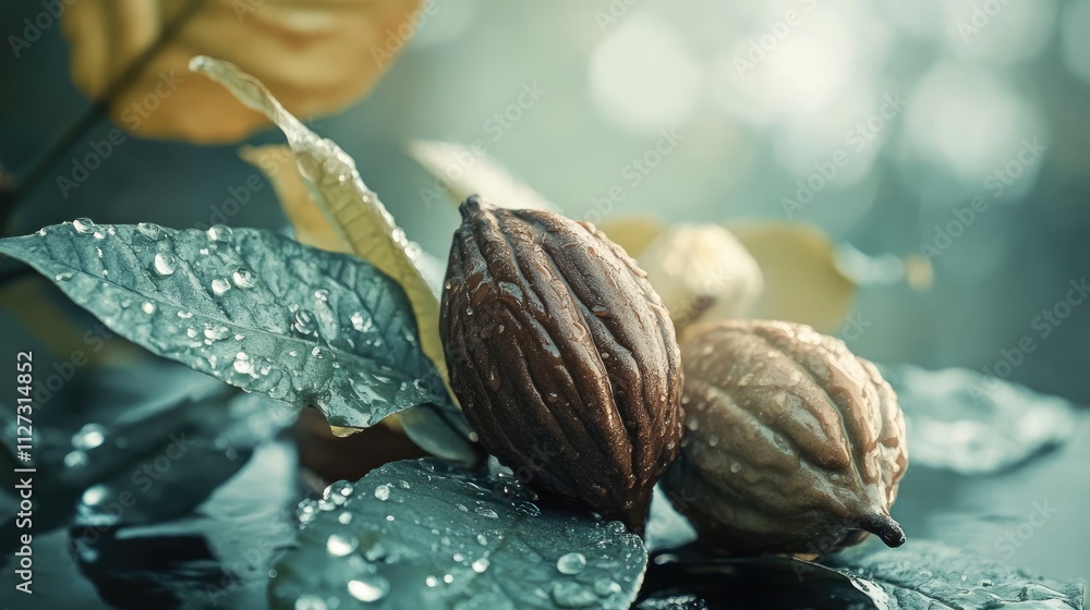 Poster cacao fruits resting on leaves with water droplets showcasing a serene natural setting and a blurred