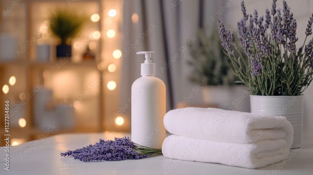 Poster lavender air freshener with towels and candles in a serene home setting for relaxation and aromather