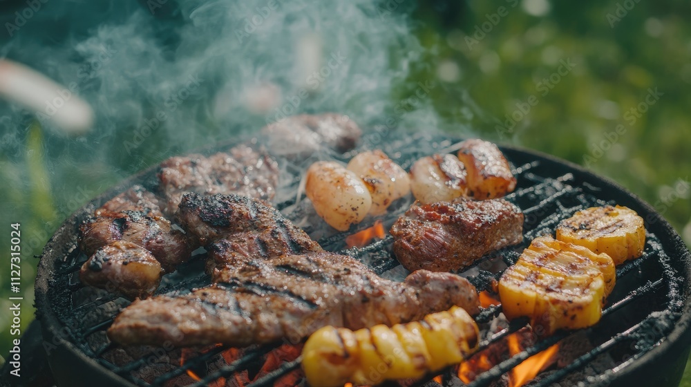 Poster Grilled assorted meats and vegetables on barbecue with smoke and flames in a lush green grass setting