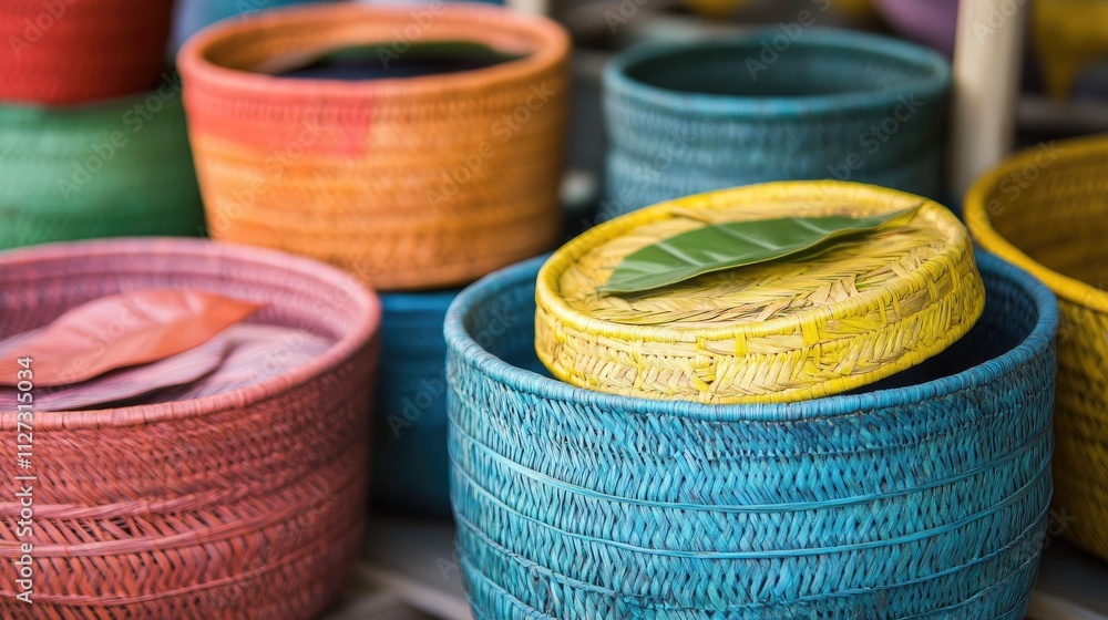 Poster vibrant handmade leaf baskets with lids in various colors showcased in a rustic setting