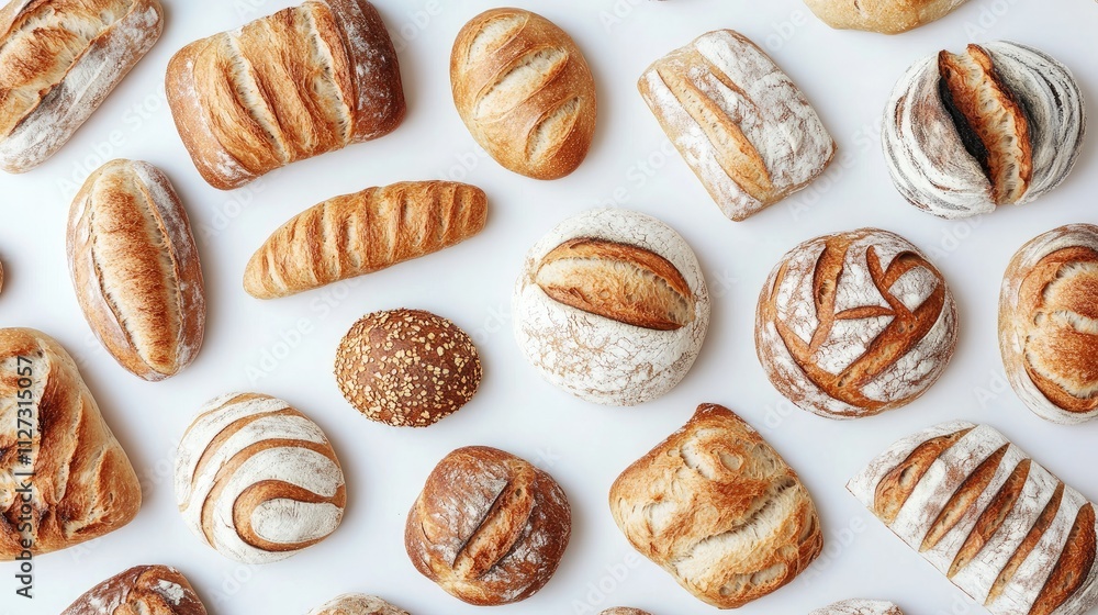 Poster assorted artisan baked breads arranged on a white background showcasing various textures and shapes of fresh bread products