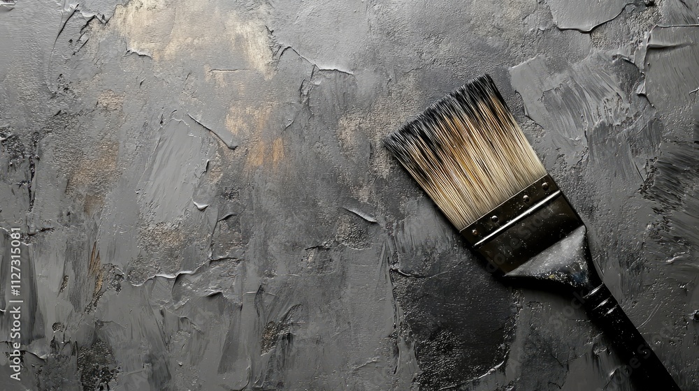 Poster close up of a painter's brush resting on textured concrete background showcasing artistic tools and 