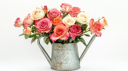 Charming bouquet of colorful roses in a vintage watering can on a clean white background showcasing floral beauty and elegance