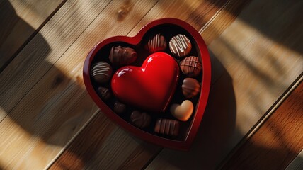 Heart-Shaped Box of Assorted Chocolates on Wooden Background.