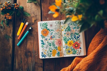 Fototapeta premium Top view a brightly illustrated activity book opened to a coloring page with flowers