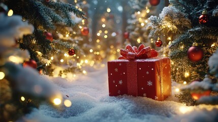 Christmas New Year celebration gift box surrounded by illuminated trees and snow creating a festive and joyful atmosphere