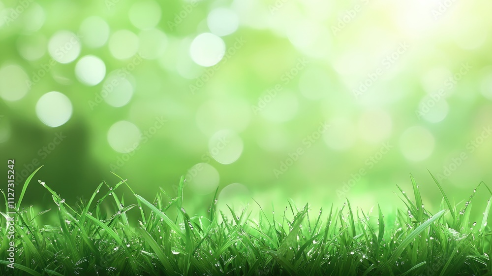 Poster Fresh green grass field in morning light with dew drops and bokeh effect creating a serene nature background for clean environment themes
