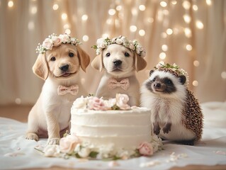 Adorable Labrador Puppies and Hedgehog with Wedding Cake and Flowers