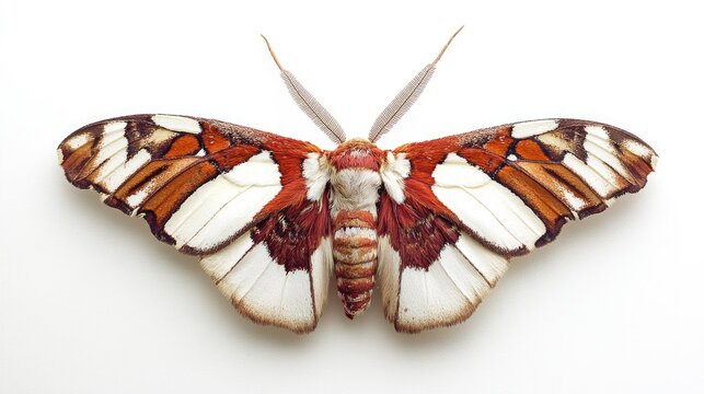 Creatonotos gangis moth displaying striking red and white hindwings and brown forewings with dark streaks on a neutral background.