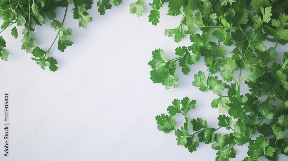 Poster fresh coriander leaves arranged artfully on a clean white background showcasing their vibrant green 