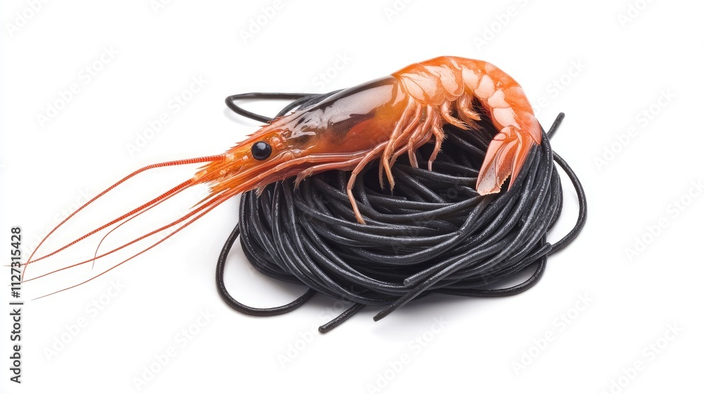 Poster Black spaghetti with shrimp displayed on a white background capturing an elegant seafood dish perfect for culinary presentations.
