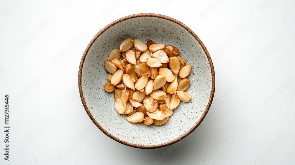 Poster bowl of preserved garlic cloves on a white background photographed from above showcasing a culinary 